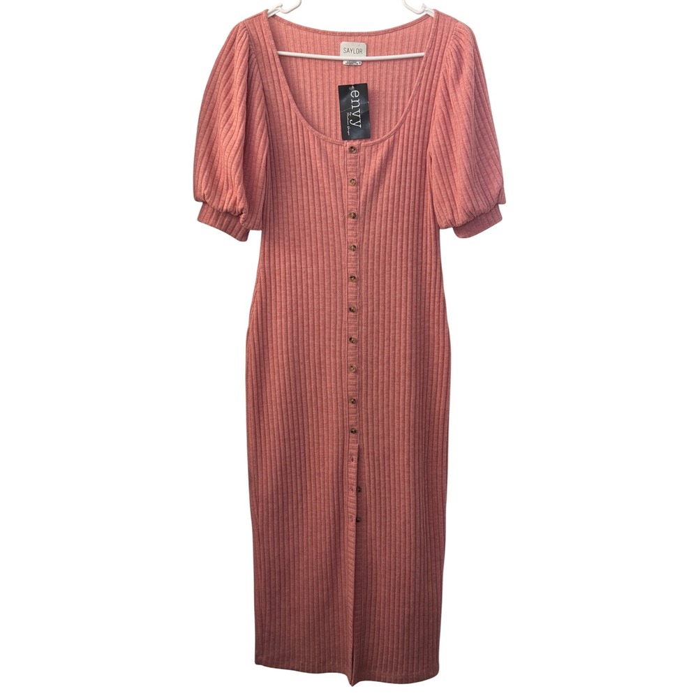 Saylor Malavika Pink Ribbed Knit Button Front Puff Sleeve Midi Dress Size M NWT
